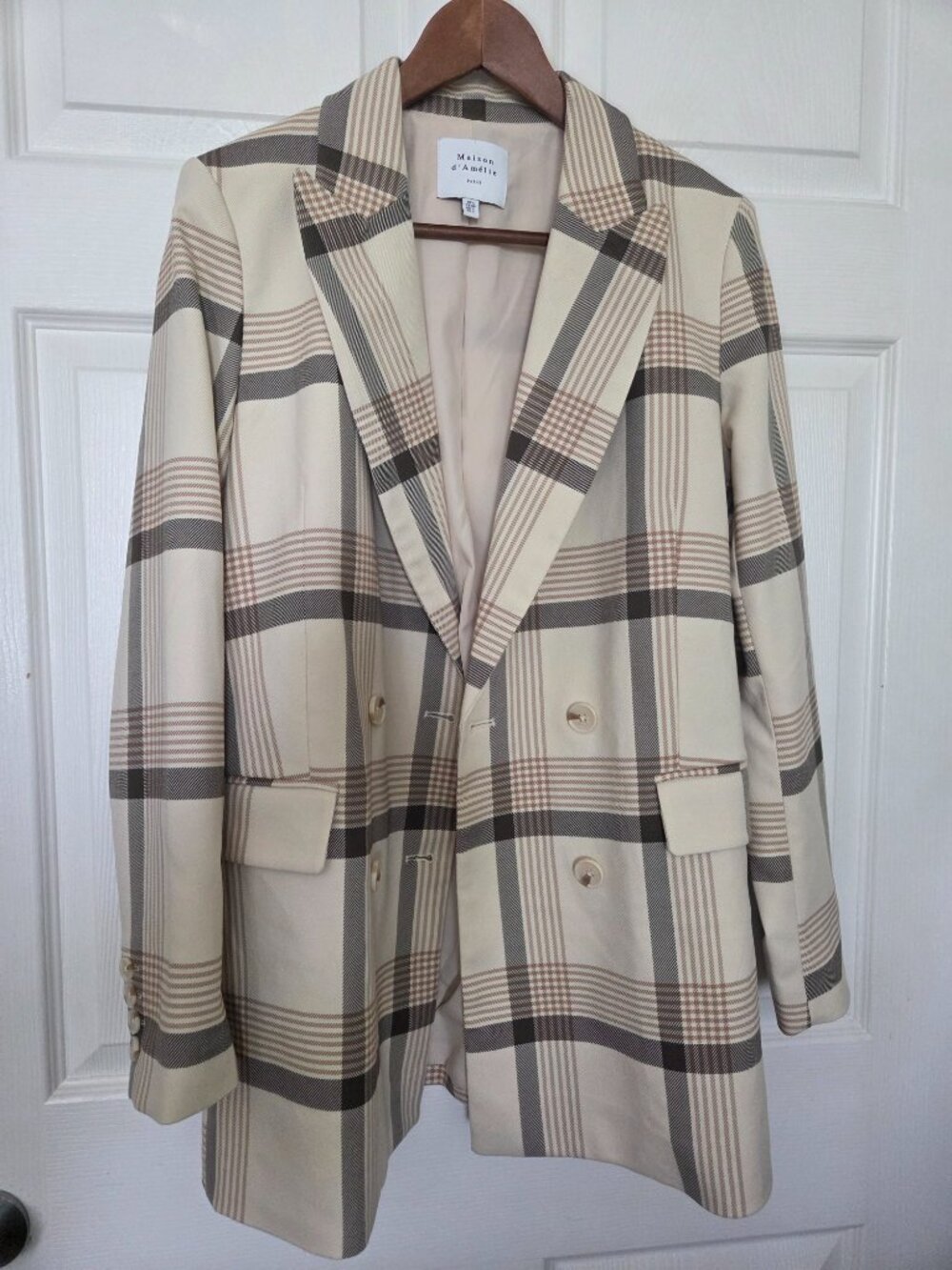 Plaid Double-Breasted Blazer Jacket in Cream - Picture 9 of 16